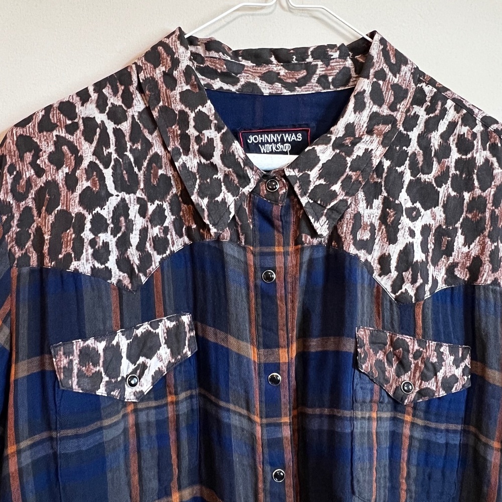 Johnny Was Blue and Brown Plaid Button Down Shirt